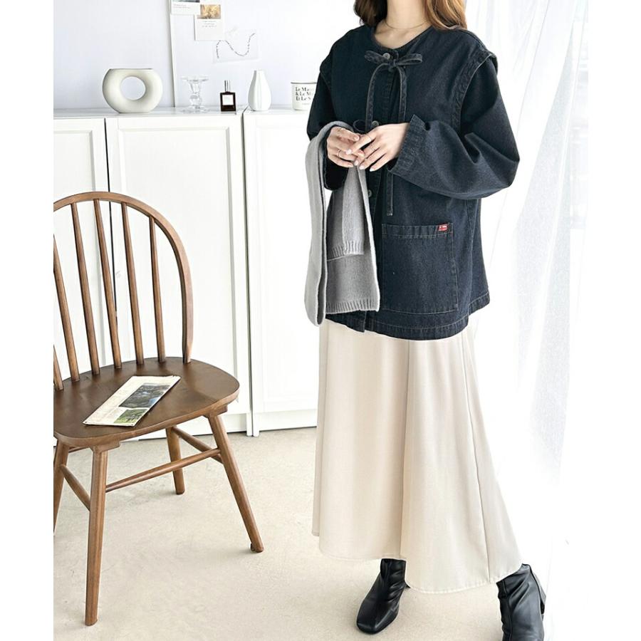 《java ジャバコラボ》 アウター ジャケット レディース 綿100% ドッキング 風 ノーカラー リボン デニム JK ゆったり ビッグシルエット ロングシーズ | classicalelf | 10