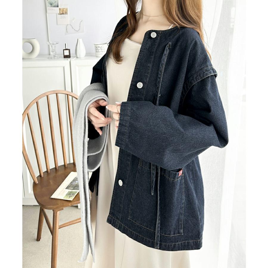 《java ジャバコラボ》 アウター ジャケット レディース 綿100% ドッキング 風 ノーカラー リボン デニム JK ゆったり ビッグシルエット ロングシーズ | classicalelf | 11