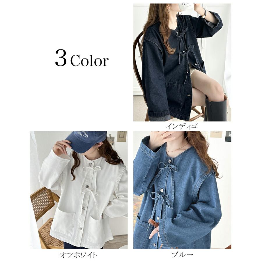 《java ジャバコラボ》 アウター ジャケット レディース 綿100% ドッキング 風 ノーカラー リボン デニム JK ゆったり ビッグシルエット ロングシーズ | classicalelf | 01