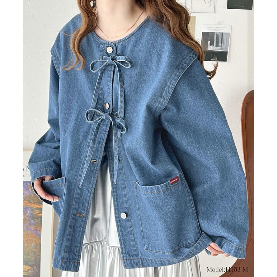 《java ジャバコラボ》 アウター ジャケット レディース 綿100% ドッキング 風 ノーカラー リボン デニム JK ゆったり ビッグシルエット ロングシーズ | classicalelf | 02
