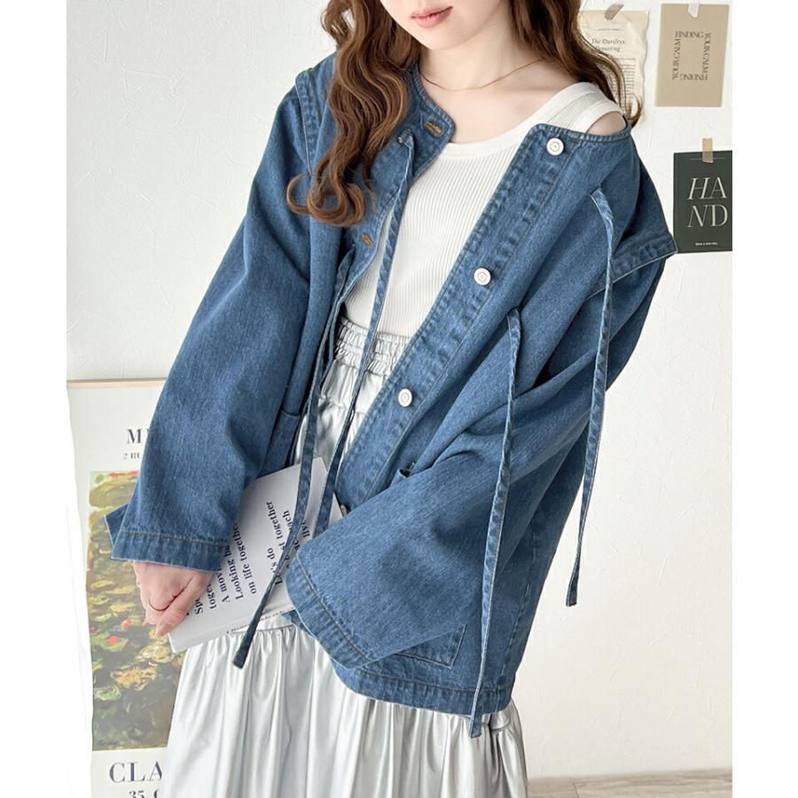 《java ジャバコラボ》 アウター ジャケット レディース 綿100% ドッキング 風 ノーカラー リボン デニム JK ゆったり ビッグシルエット ロングシーズ | classicalelf | 03