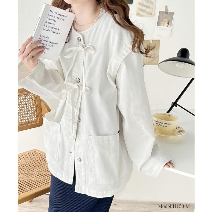 《java ジャバコラボ》 アウター ジャケット レディース 綿100% ドッキング 風 ノーカラー リボン デニム JK ゆったり ビッグシルエット ロングシーズ | classicalelf | 05