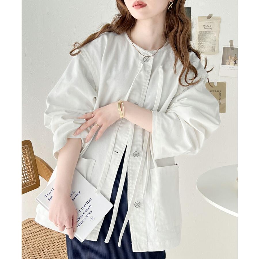 《java ジャバコラボ》 アウター ジャケット レディース 綿100% ドッキング 風 ノーカラー リボン デニム JK ゆったり ビッグシルエット ロングシーズ | classicalelf | 06