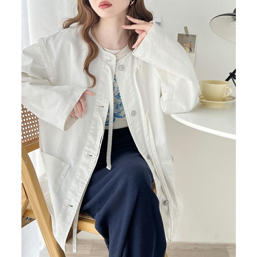 《java ジャバコラボ》 アウター ジャケット レディース 綿100% ドッキング 風 ノーカラー リボン デニム JK ゆったり ビッグシルエット ロングシーズ | classicalelf | 07