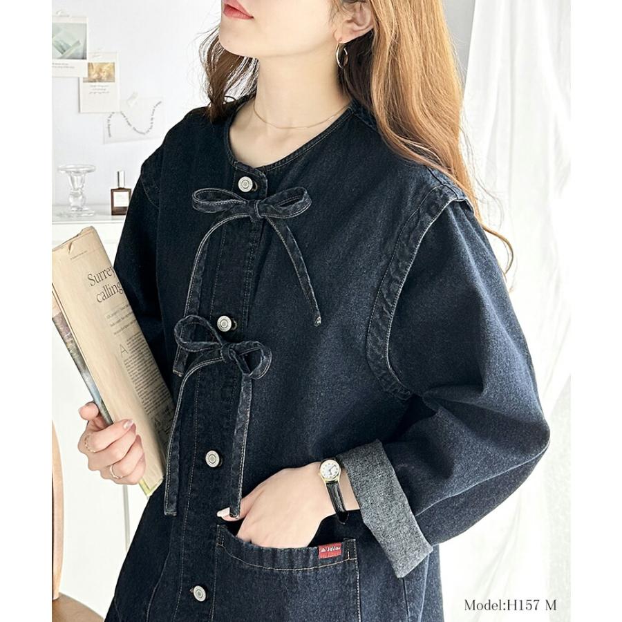 《java ジャバコラボ》 アウター ジャケット レディース 綿100% ドッキング 風 ノーカラー リボン デニム JK ゆったり ビッグシルエット ロングシーズ | classicalelf | 08