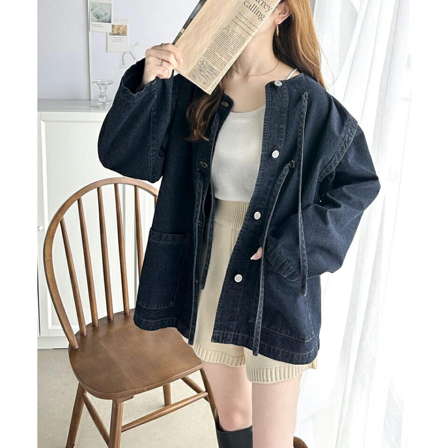 《java ジャバコラボ》 アウター ジャケット レディース 綿100% ドッキング 風 ノーカラー リボン デニム JK ゆったり ビッグシルエット ロングシーズ | classicalelf | 09