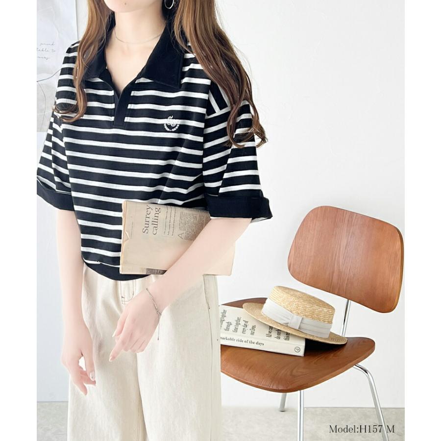 《java ジャバコラボ》 トップス Tシャツ レディース レトロ 風 配色 胸 刺繍 スキッパー 襟 半袖 プルオーバー 袖 折り返し 着回し | classicalelf | 10