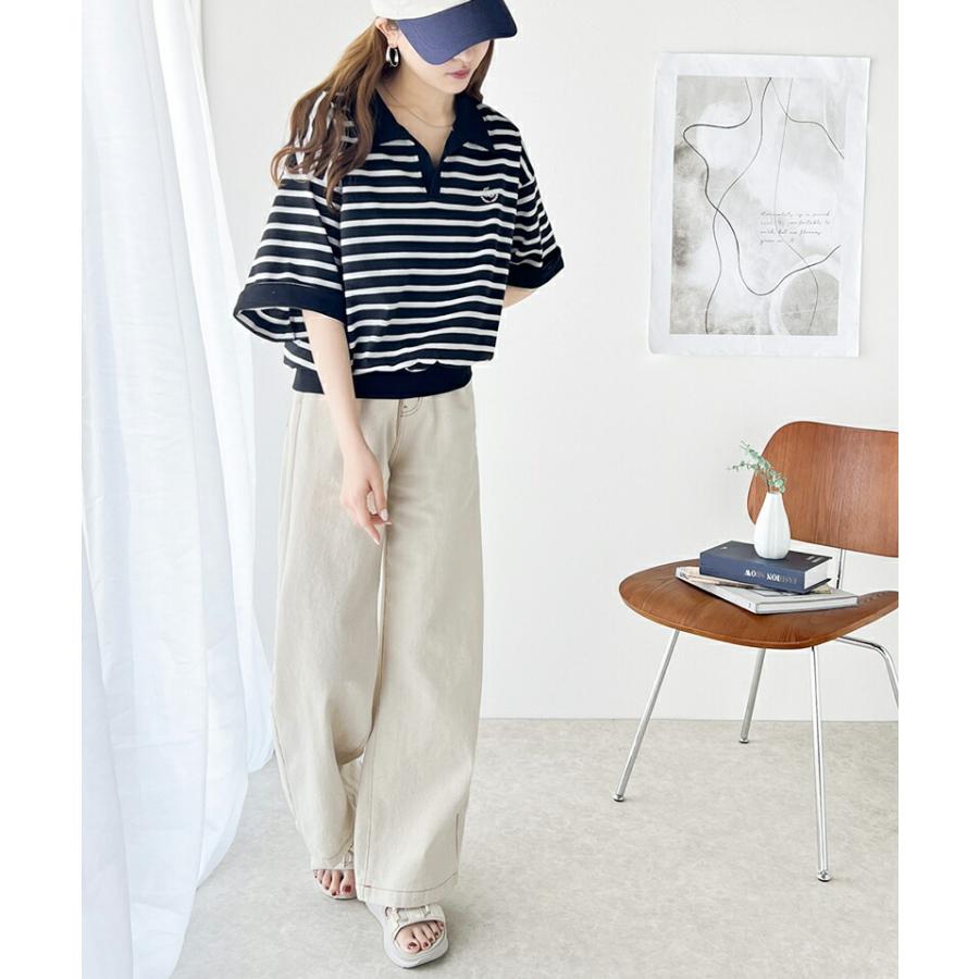 《java ジャバコラボ》 トップス Tシャツ レディース レトロ 風 配色 胸 刺繍 スキッパー 襟 半袖 プルオーバー 袖 折り返し 着回し | classicalelf | 12