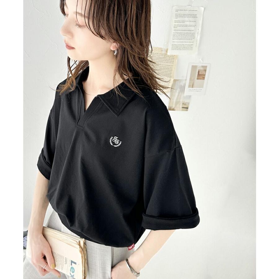 《java ジャバコラボ》 トップス Tシャツ レディース レトロ 風 配色 胸 刺繍 スキッパー 襟 半袖 プルオーバー 袖 折り返し 着回し | classicalelf | 14