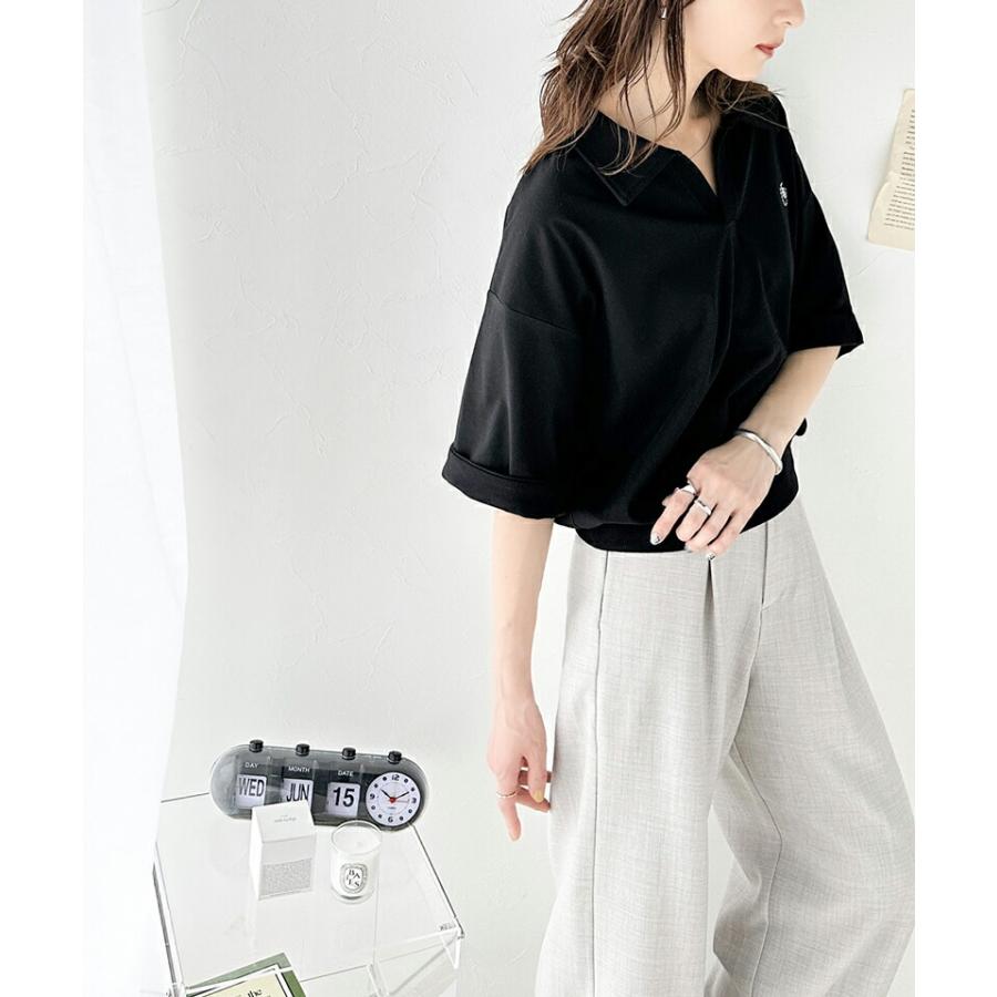 《java ジャバコラボ》 トップス Tシャツ レディース レトロ 風 配色 胸 刺繍 スキッパー 襟 半袖 プルオーバー 袖 折り返し 着回し | classicalelf | 15