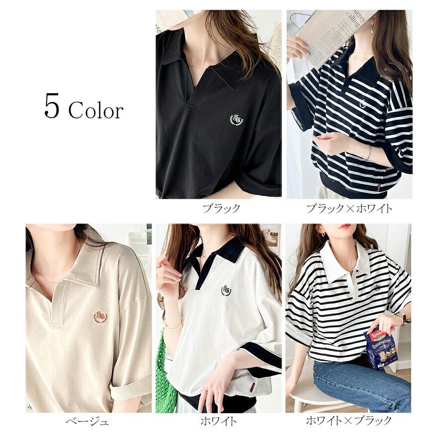 《java ジャバコラボ》 トップス Tシャツ レディース レトロ 風 配色 胸 刺繍 スキッパー 襟 半袖 プルオーバー 袖 折り返し 着回し | classicalelf | 01