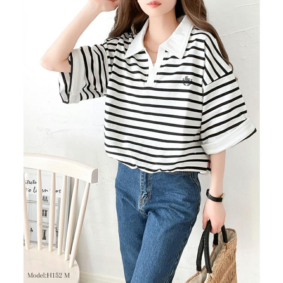 《java ジャバコラボ》 トップス Tシャツ レディース レトロ 風 配色 胸 刺繍 スキッパー 襟 半袖 プルオーバー 袖 折り返し 着回し | classicalelf | 02