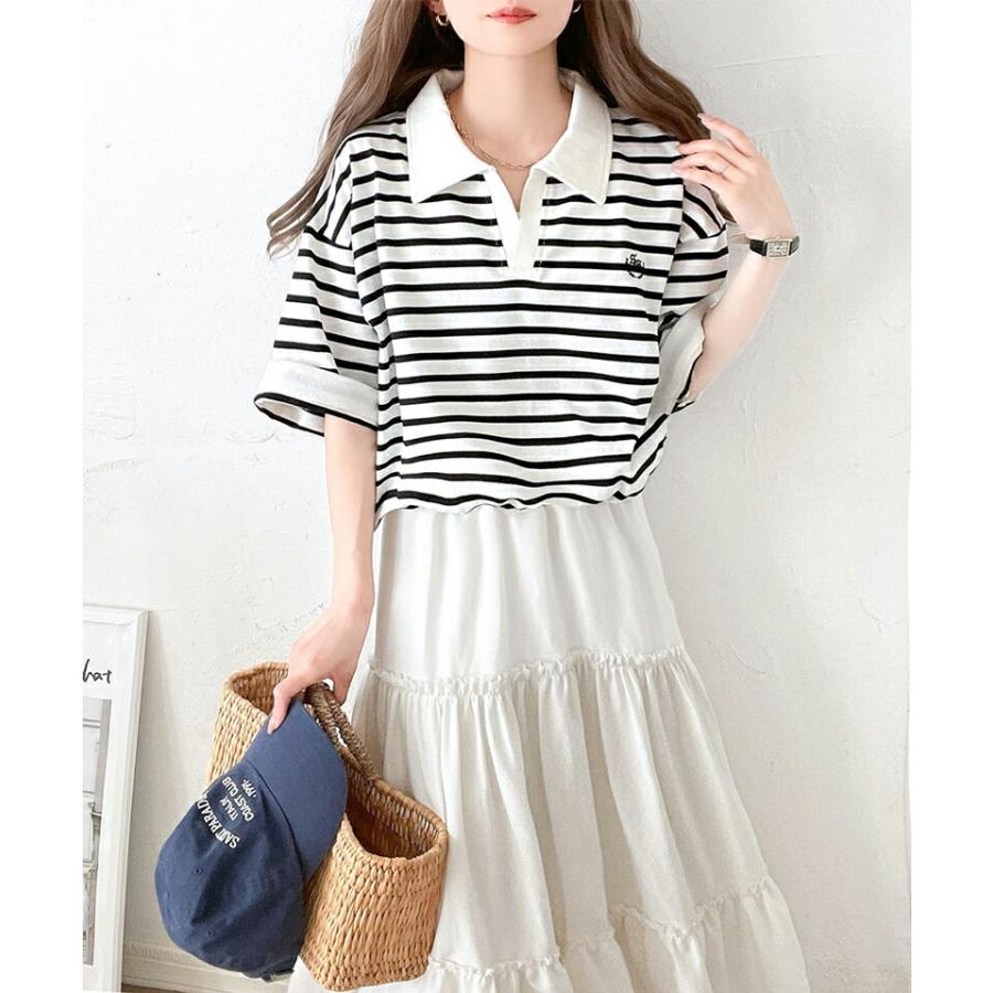 《java ジャバコラボ》 トップス Tシャツ レディース レトロ 風 配色 胸 刺繍 スキッパー 襟 半袖 プルオーバー 袖 折り返し 着回し | classicalelf | 04