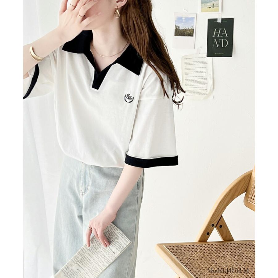 《java ジャバコラボ》 トップス Tシャツ レディース レトロ 風 配色 胸 刺繍 スキッパー 襟 半袖 プルオーバー 袖 折り返し 着回し | classicalelf | 05