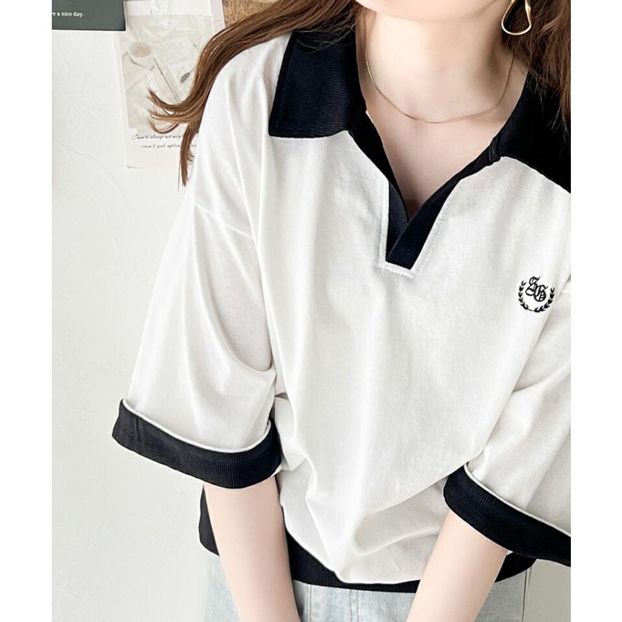 《java ジャバコラボ》 トップス Tシャツ レディース レトロ 風 配色 胸 刺繍 スキッパー 襟 半袖 プルオーバー 袖 折り返し 着回し | classicalelf | 06