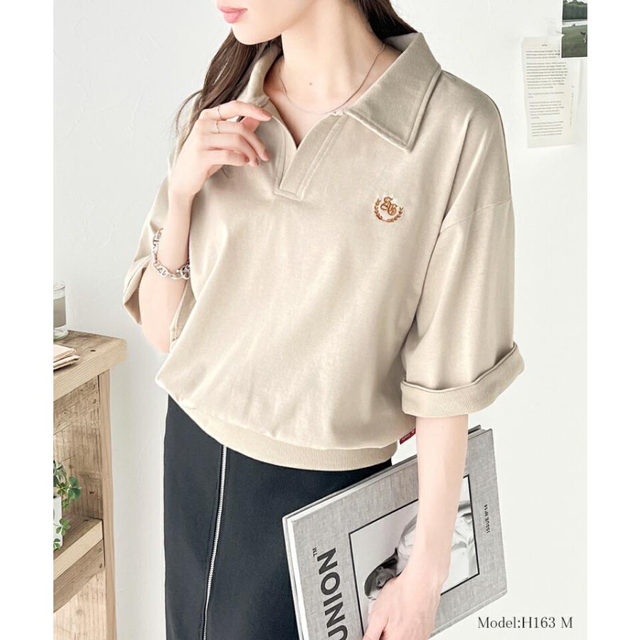 《java ジャバコラボ》 トップス Tシャツ レディース レトロ 風 配色 胸 刺繍 スキッパー 襟 半袖 プルオーバー 袖 折り返し 着回し | classicalelf | 07