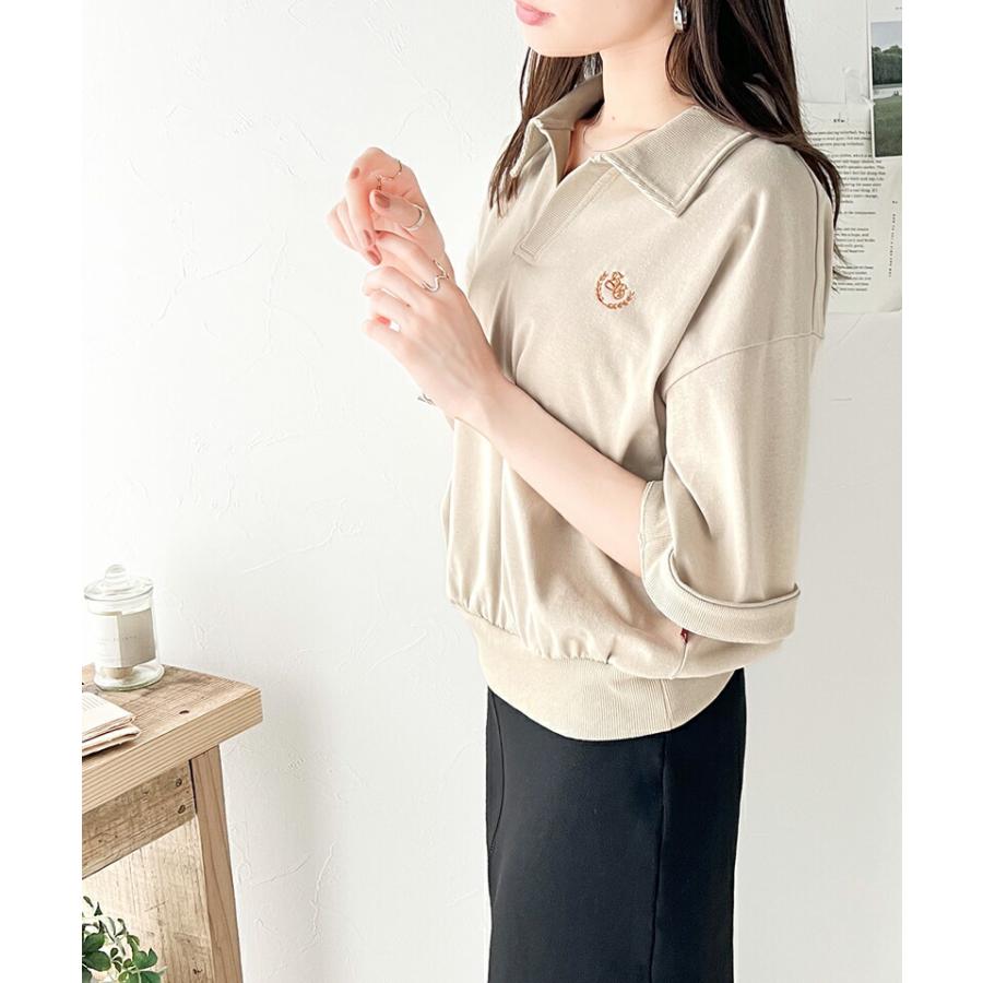 《java ジャバコラボ》 トップス Tシャツ レディース レトロ 風 配色 胸 刺繍 スキッパー 襟 半袖 プルオーバー 袖 折り返し 着回し | classicalelf | 08