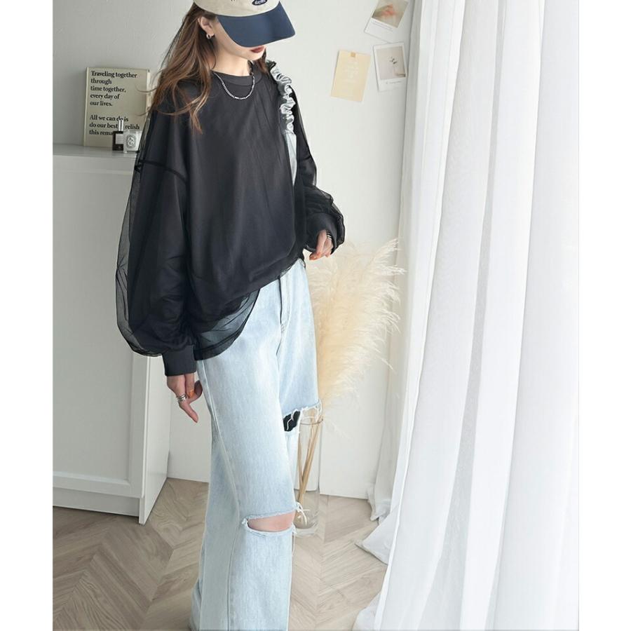 《java ジャバコラボ》 トップス Tシャツ レディース チュール レイヤード バック プリント ミニ裏毛 長袖 ロンT レイヤードコーデ | classicalelf | 03