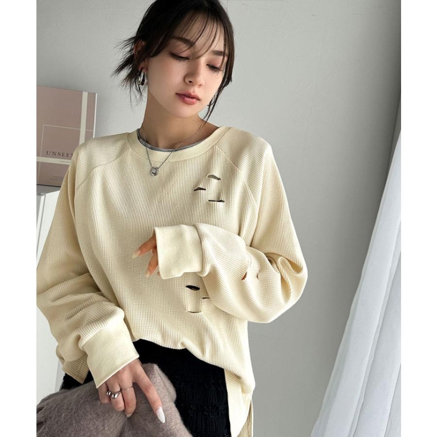 《javaジャバ コラボ》トップス ロンT レディース ワッフルT ダメージ プリント バックロゴ 弾丸ダメージ ヴィンテージライク ロゴ刺繍 | classicalelf | 03