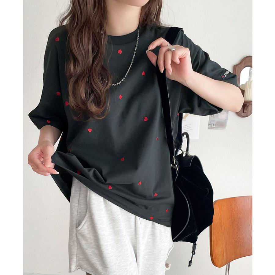 JaVa tシャツ レディース 半袖 トップス カットソー ハートTシャツ レディース 小ぶり刺繍 ルーズフィット 今どき 大人カジュアル 大きいサイズ 秋 冬 | classicalelf | 15