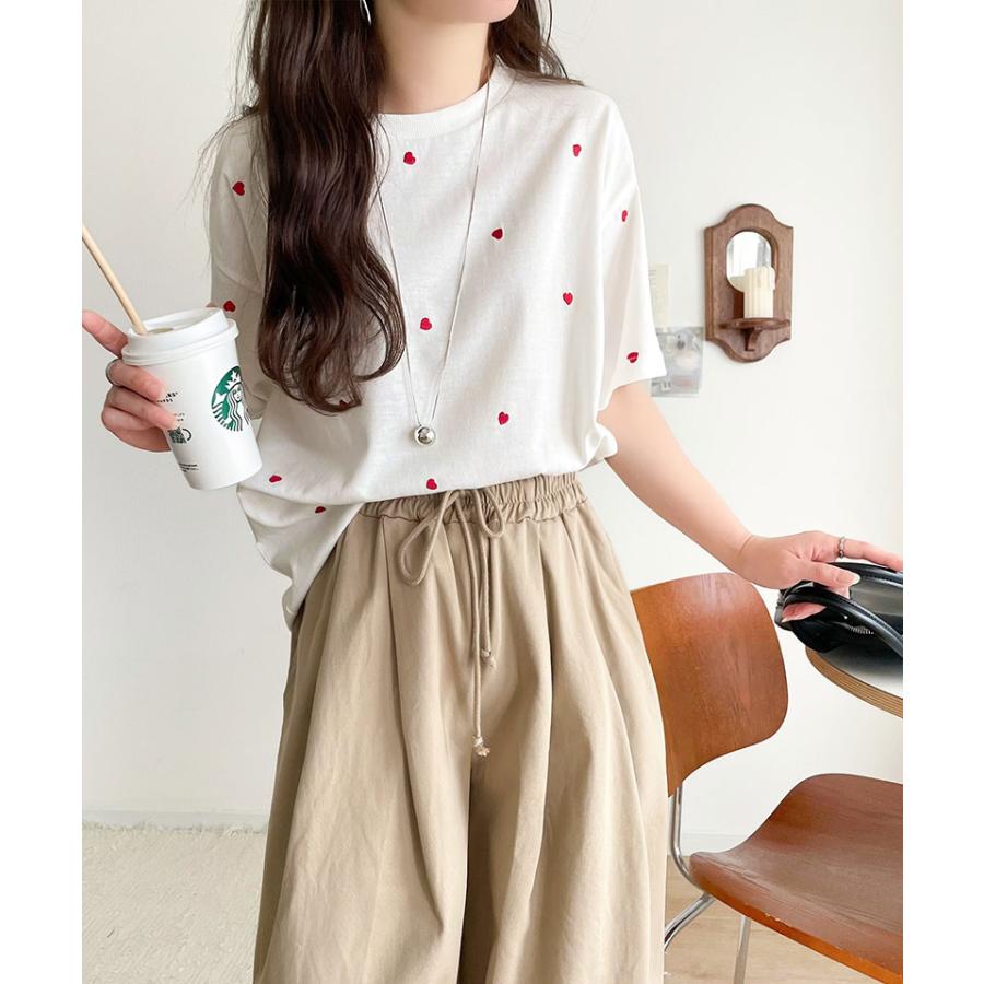 JaVa tシャツ レディース 半袖 トップス カットソー ハートTシャツ レディース 小ぶり刺繍 ルーズフィット 今どき 大人カジュアル 大きいサイズ 秋 冬 | classicalelf | 04