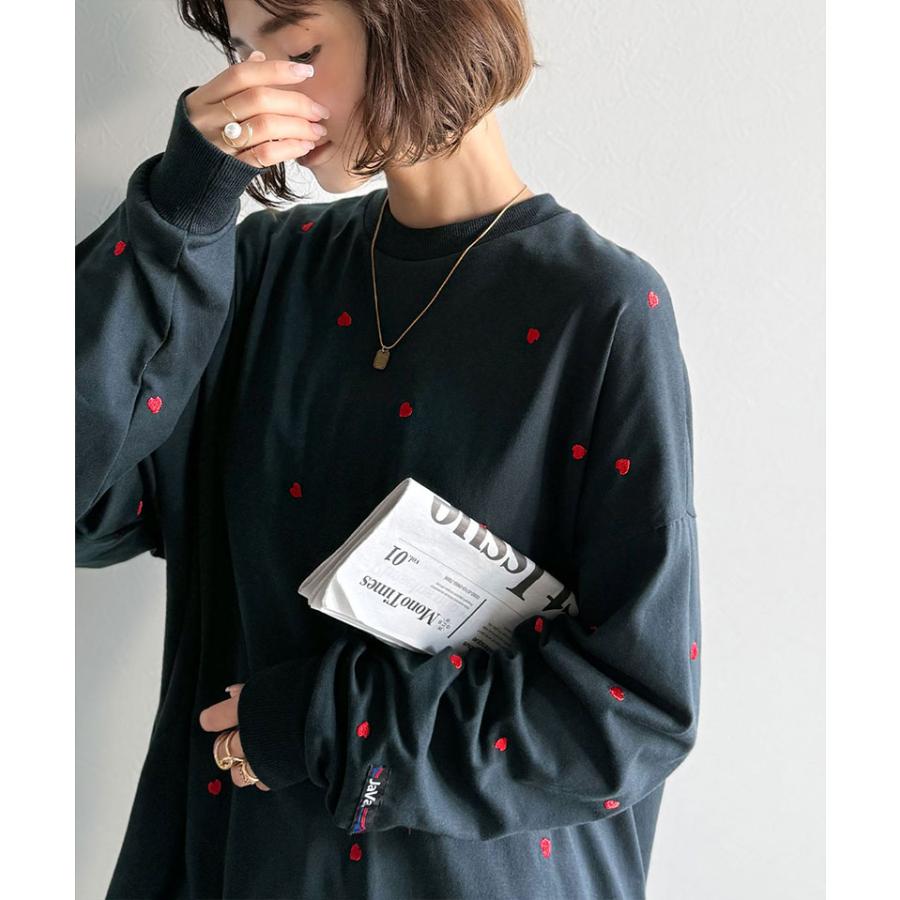 《JaVaジャバコラボ》 トップス Tシャツ レディース 袖 ネーム 付き ミニ ハート 総 刺繍 長袖 Tee 大きいサイズ 秋 冬 | classicalelf | 14