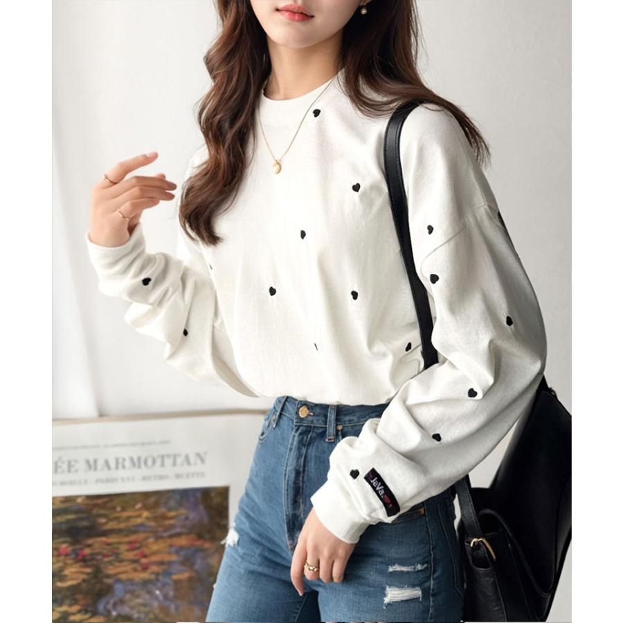 《JaVaジャバコラボ》 トップス Tシャツ レディース 袖 ネーム 付き ミニ ハート 総 刺繍 長袖 Tee 大きいサイズ 秋 冬 | classicalelf | 08