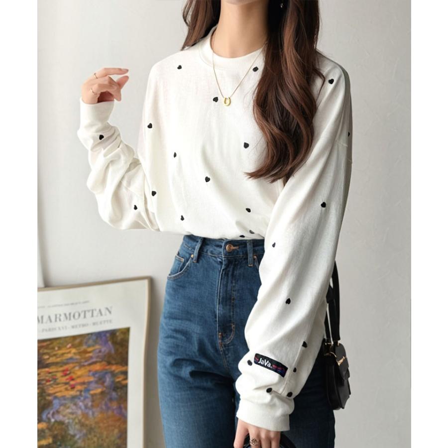 《JaVaジャバコラボ》 トップス Tシャツ レディース 袖 ネーム 付き ミニ ハート 総 刺繍 長袖 Tee 大きいサイズ 秋 冬 | classicalelf | 09