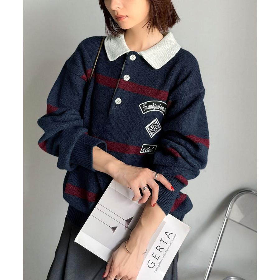 《java ジャバコラボ》レディースファッション トップス 秋冬 ワッペン ラガーポロニット トラッド メンズライク リラクシー メンズ 男女兼用 ゆったり | classicalelf | 12