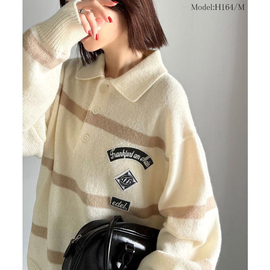 《java ジャバコラボ》レディースファッション トップス 秋冬 ワッペン ラガーポロニット トラッド メンズライク リラクシー メンズ 男女兼用 ゆったり | classicalelf | 02