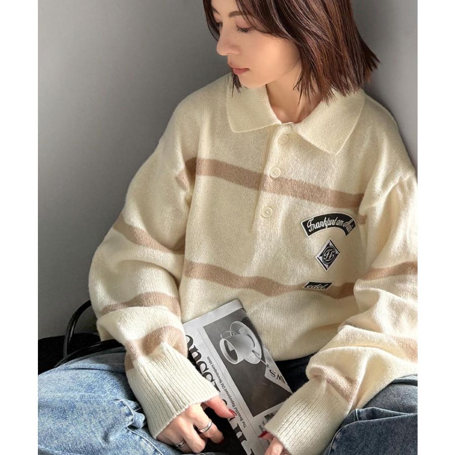 《java ジャバコラボ》レディースファッション トップス 秋冬 ワッペン ラガーポロニット トラッド メンズライク リラクシー メンズ 男女兼用 ゆったり | classicalelf | 03