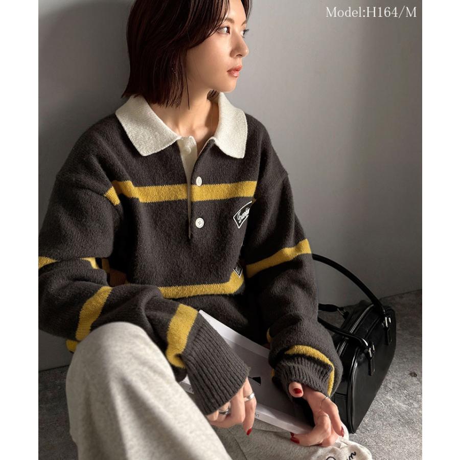 《java ジャバコラボ》レディースファッション トップス 秋冬 ワッペン ラガーポロニット トラッド メンズライク リラクシー メンズ 男女兼用 ゆったり | classicalelf | 06