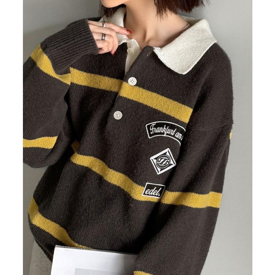 《java ジャバコラボ》レディースファッション トップス 秋冬 ワッペン ラガーポロニット トラッド メンズライク リラクシー メンズ 男女兼用 ゆったり | classicalelf | 08