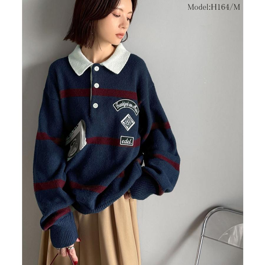 《java ジャバコラボ》レディースファッション トップス 秋冬 ワッペン ラガーポロニット トラッド メンズライク リラクシー メンズ 男女兼用 ゆったり | classicalelf | 09