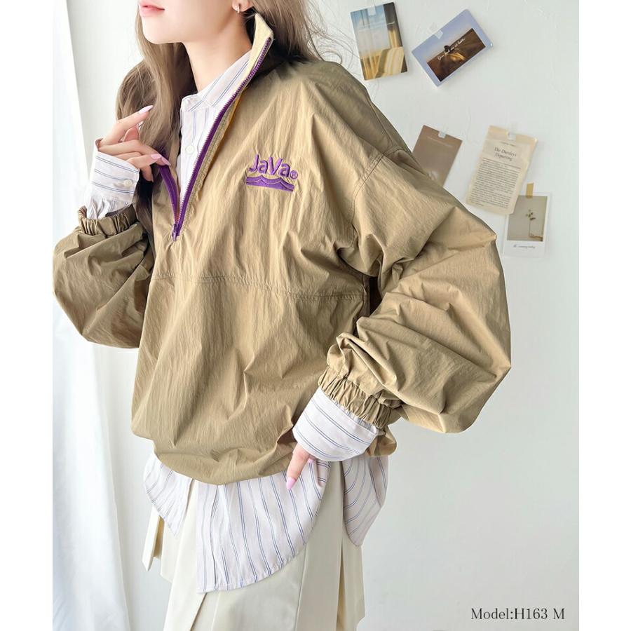 《java ジャバコラボ》 アウター ジャケット レディース レトロ 刺繍 入り 配色 ナイロン ハーフ ジップ ブルゾン オーバーサイズ | classicalelf | 11