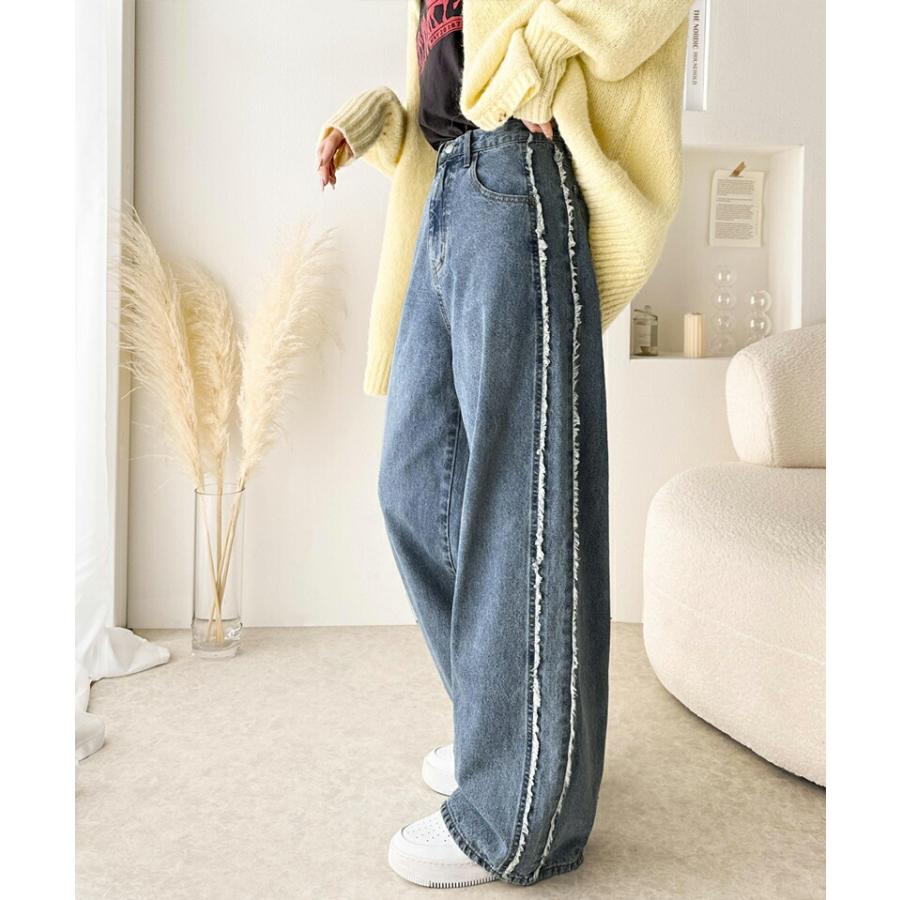 《Javaジャバコラボ》 ボトムス パンツ 一味違う配色 フリンジデザイン フリンジライン サイドフリンジ ワイドデニム 男女兼用 ユニセックス | classicalelf | 03