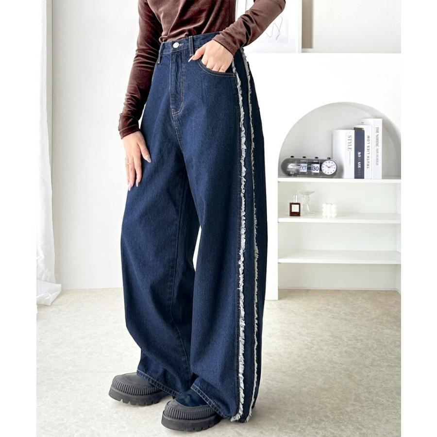 《Javaジャバコラボ》 ボトムス パンツ 一味違う配色 フリンジデザイン フリンジライン サイドフリンジ ワイドデニム 男女兼用 ユニセックス | classicalelf | 04