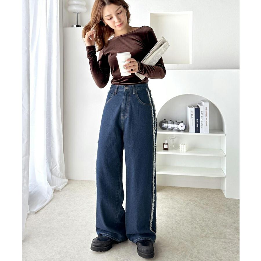 《Javaジャバコラボ》 ボトムス パンツ 一味違う配色 フリンジデザイン フリンジライン サイドフリンジ ワイドデニム 男女兼用 ユニセックス | classicalelf | 05