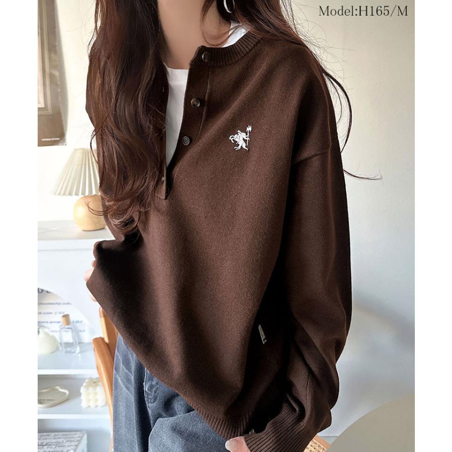 《java ジャバコラボ》ニット レディース 長袖 トップス レディース ヘンリーネック 胸元刺繍 映える 主役級 ヘビロテ シンプル 配色刺繍 着心地抜群 | classicalelf | 11