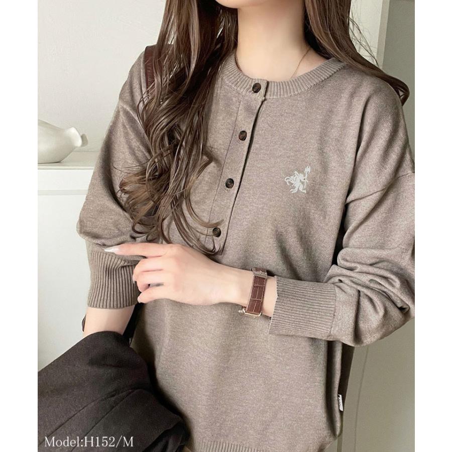 《java ジャバコラボ》ニット レディース 長袖 トップス レディース ヘンリーネック 胸元刺繍 映える 主役級 ヘビロテ シンプル 配色刺繍 着心地抜群 | classicalelf | 13