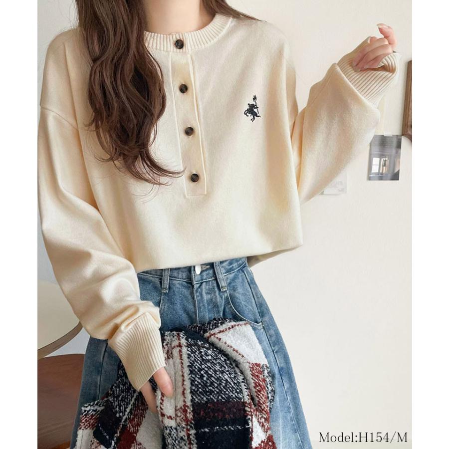 《java ジャバコラボ》ニット レディース 長袖 トップス レディース ヘンリーネック 胸元刺繍 映える 主役級 ヘビロテ シンプル 配色刺繍 着心地抜群 | classicalelf | 02