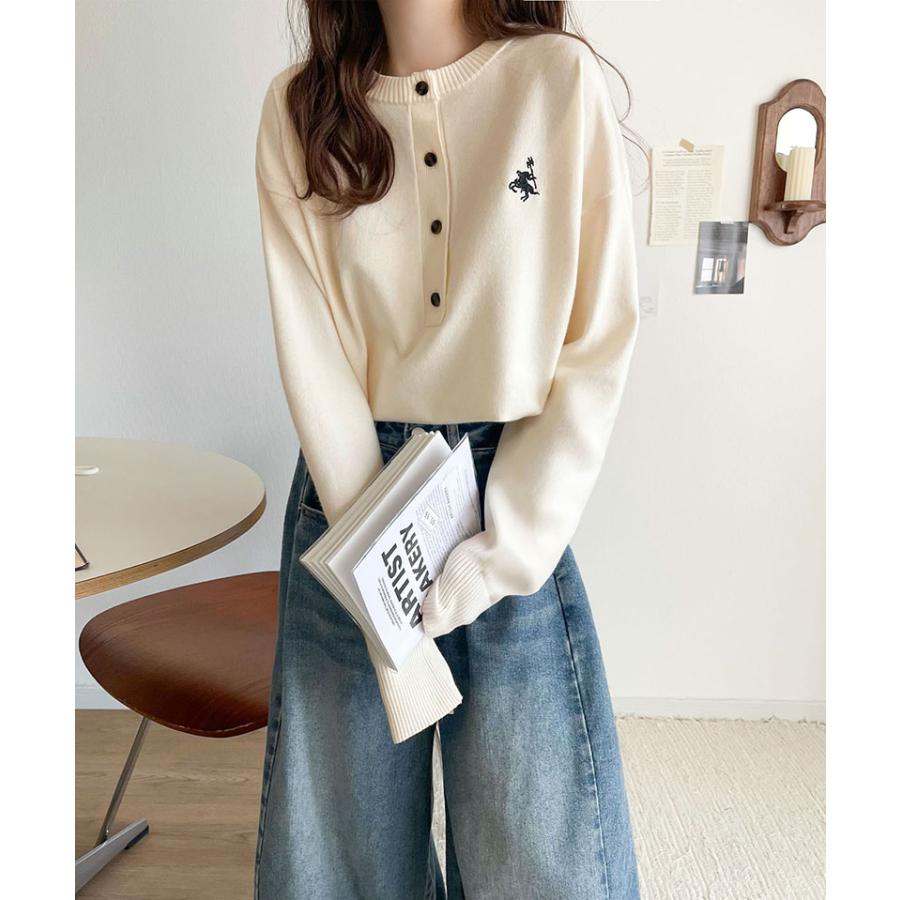 《java ジャバコラボ》ニット レディース 長袖 トップス レディース ヘンリーネック 胸元刺繍 映える 主役級 ヘビロテ シンプル 配色刺繍 着心地抜群 | classicalelf | 04