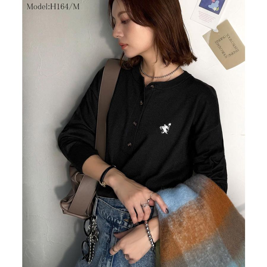 《java ジャバコラボ》ニット レディース 長袖 トップス レディース ヘンリーネック 胸元刺繍 映える 主役級 ヘビロテ シンプル 配色刺繍 着心地抜群 | classicalelf | 05