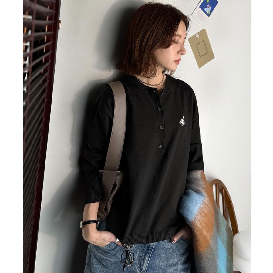 《java ジャバコラボ》ニット レディース 長袖 トップス レディース ヘンリーネック 胸元刺繍 映える 主役級 ヘビロテ シンプル 配色刺繍 着心地抜群 | classicalelf | 06
