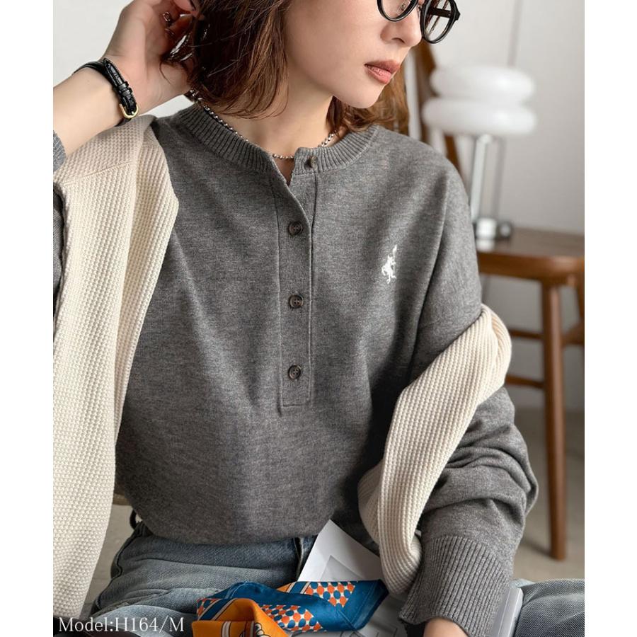 《java ジャバコラボ》ニット レディース 長袖 トップス レディース ヘンリーネック 胸元刺繍 映える 主役級 ヘビロテ シンプル 配色刺繍 着心地抜群 | classicalelf | 08