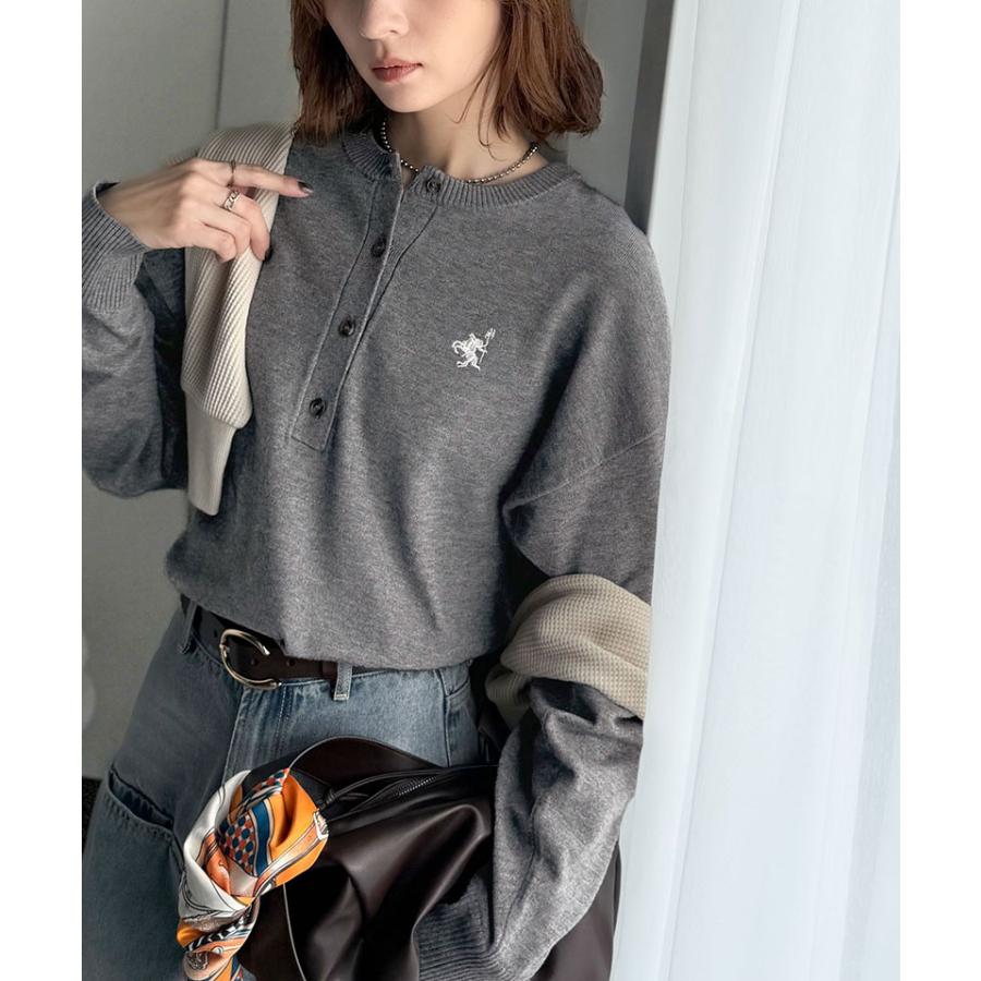 《java ジャバコラボ》ニット レディース 長袖 トップス レディース ヘンリーネック 胸元刺繍 映える 主役級 ヘビロテ シンプル 配色刺繍 着心地抜群 | classicalelf | 09