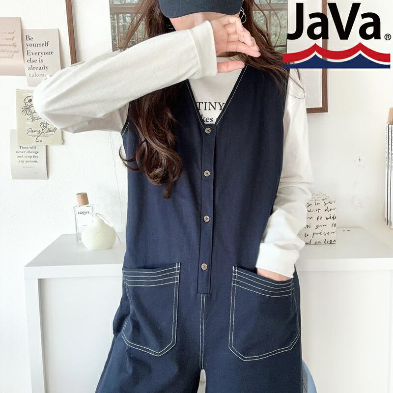 《javaジャバコラボ》 オールインワン レディース 空紡糸 綿100％ カットソー 配色 ステッチ Vネック ゆったり ワイドシルエット 体型カバー | classicalelf