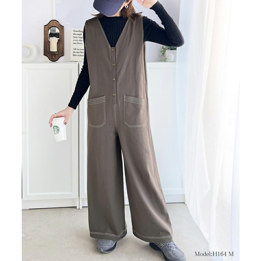 《javaジャバコラボ》 オールインワン レディース 空紡糸 綿100％ カットソー 配色 ステッチ Vネック ゆったり ワイドシルエット 体型カバー | classicalelf | 10