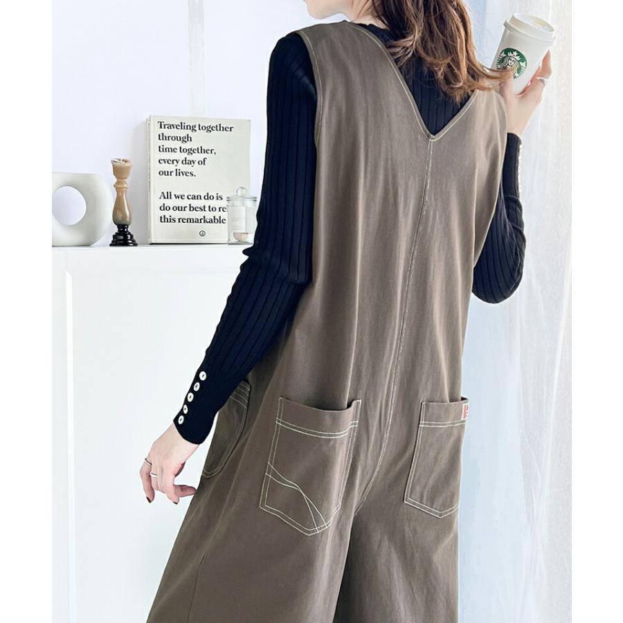 《javaジャバコラボ》 オールインワン レディース 空紡糸 綿100％ カットソー 配色 ステッチ Vネック ゆったり ワイドシルエット 体型カバー | classicalelf | 11