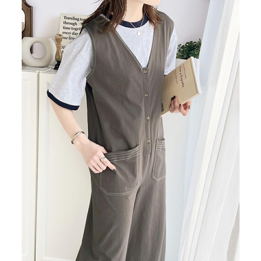 《javaジャバコラボ》 オールインワン レディース 空紡糸 綿100％ カットソー 配色 ステッチ Vネック ゆったり ワイドシルエット 体型カバー | classicalelf | 12
